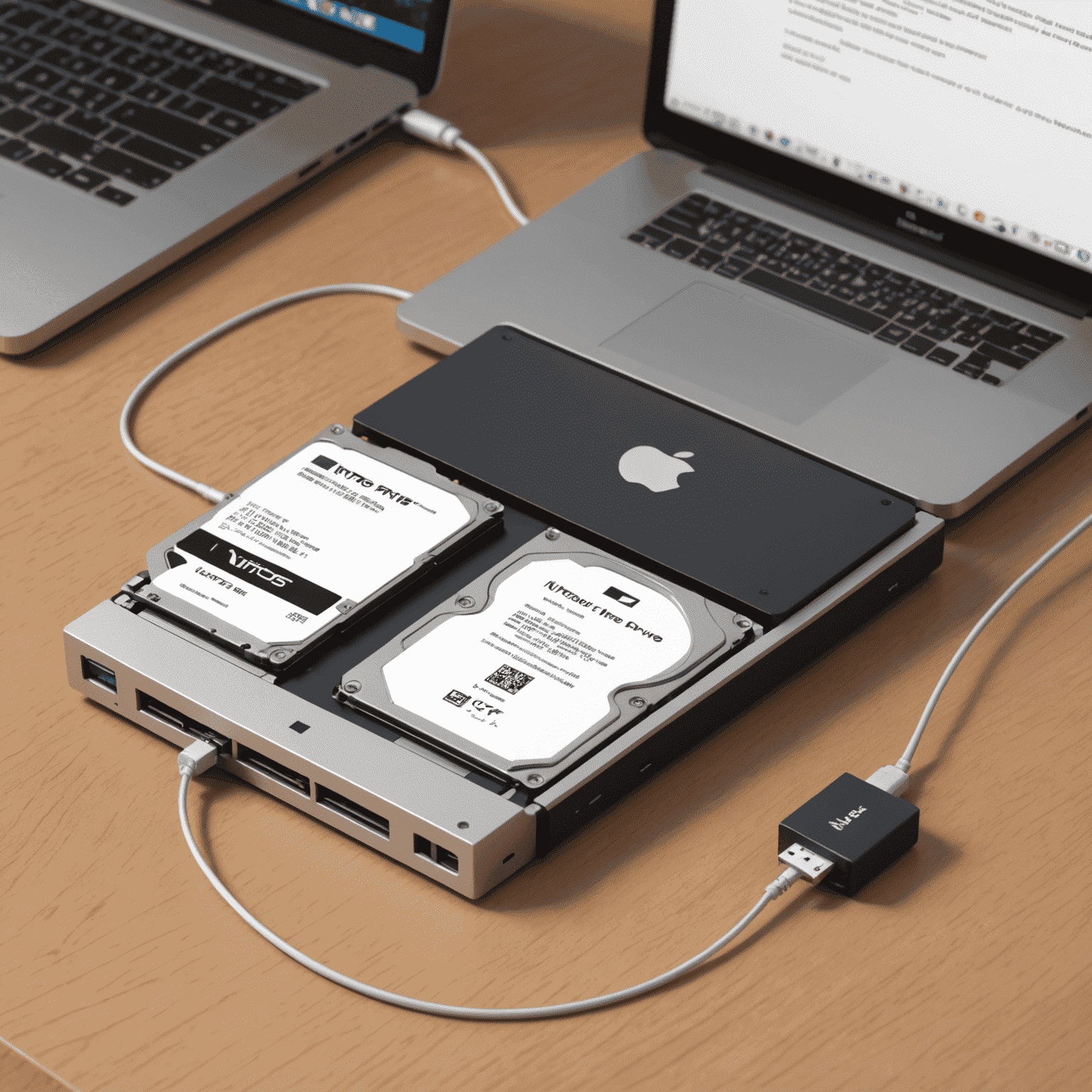 Illustration of NTFS drive connected to a Mac computer, showing file transfer between the two systems