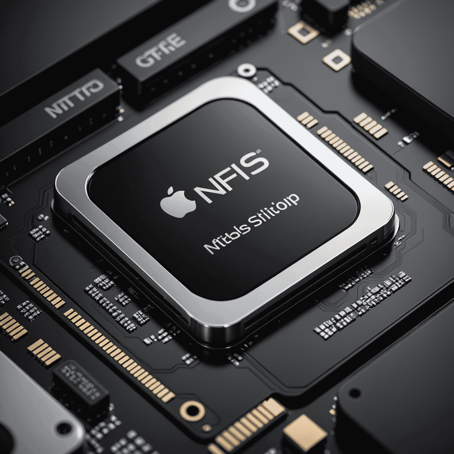 Visual representation of Apple Silicon chip with NTFS drive icon, emphasizing speed and optimization